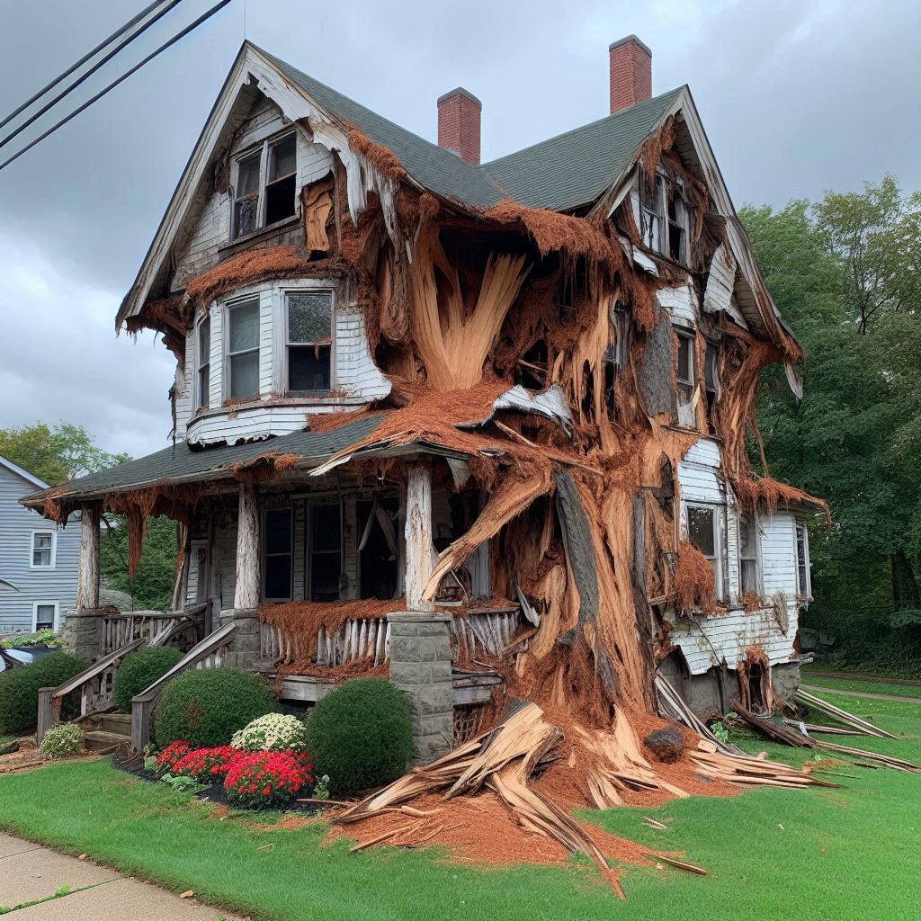 Blog Article - Tree with visible damage, including broken branches and signs of disease near an Gilbert home